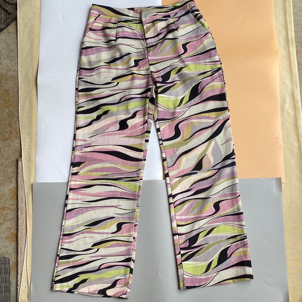 High-Rise Wide Leg Pants in Pink & Green Wave Print